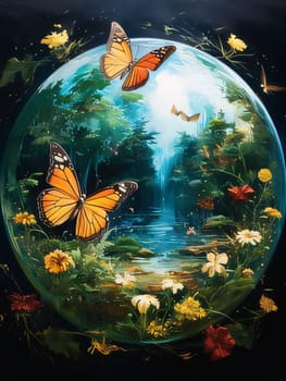 Beautiful spring illustration: Butterflies fly around the planet in the pond. Colorful background.