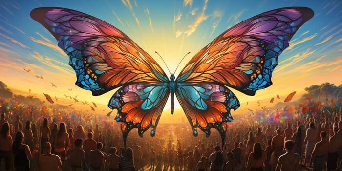 Beautiful spring illustration: Colorful butterfly over crowd of people, 3d render illustration.