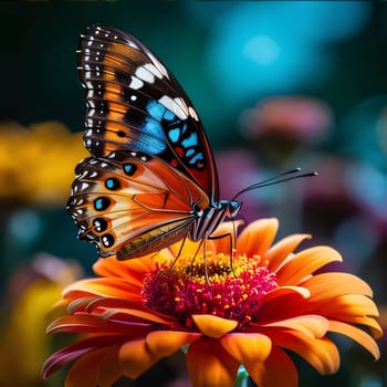 Beautiful spring illustration: Beautiful butterfly on a flower in the garden. Close up.