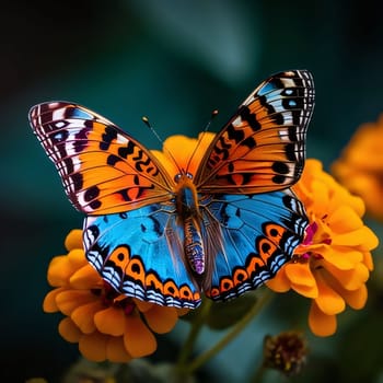 Beautiful spring illustration: Beautiful butterfly on flower in the garden. Colorful background.