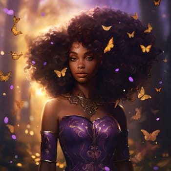 Beautiful spring illustration: Beautiful African American woman with afro hairstyle and flying butterflies