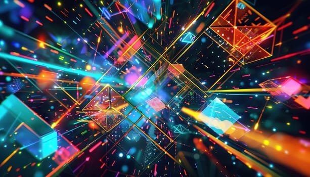 A colorful cube is surrounded by a neon cityscape by AI generated image.