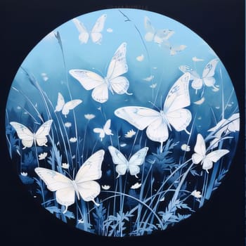 Beautiful spring illustration: Butterflies on the meadow in a round frame on a dark background