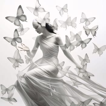 Beautiful spring illustration: Beautiful young woman in white dress surrounded by butterflies, 3d rendering