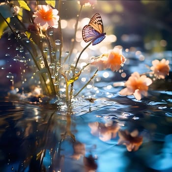 Beautiful spring illustration: Butterfly and flowers reflected in the water. Abstract background.