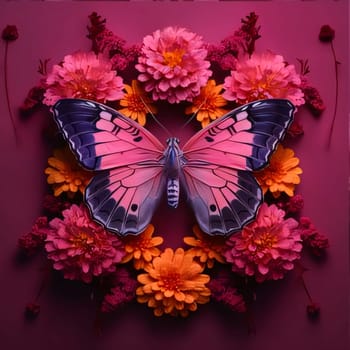 Beautiful spring illustration: Butterfly and flowers on a pink background. Top view.
