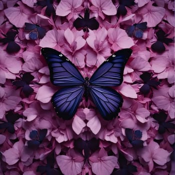 Beautiful spring illustration: Butterfly on pink hydrangea petals background.