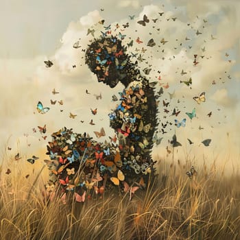 Beautiful spring illustration: Butterflies flying around a man's head in the field.