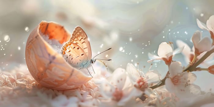 Beautiful spring illustration: Butterfly on the shell of an egg on the background of spring flowers