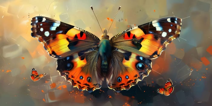 Beautiful spring illustration: Butterfly on abstract colorful background. 3d illustration. Digital painting.