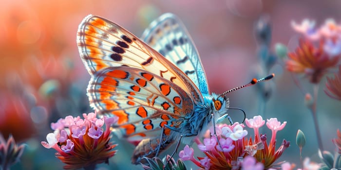 Beautiful spring illustration: Butterfly on a flower in the garden. Colorful background.