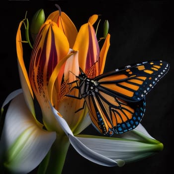 Beautiful spring illustration: Butterfly and lily flower on a black background, macro