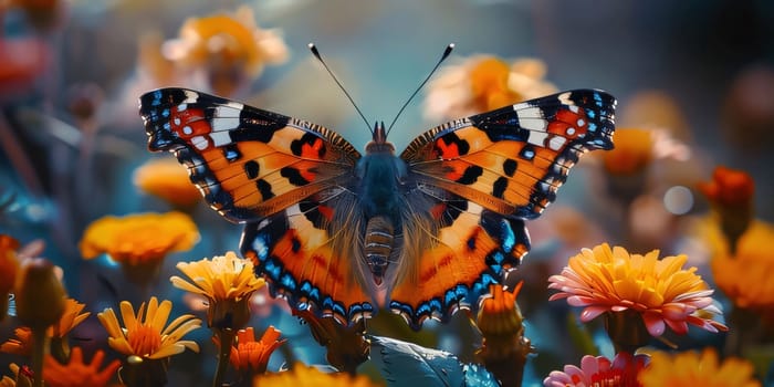 Beautiful spring illustration: Butterfly on the flower in the garden. Colorful background.