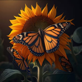Abstract illustration: Sunflower and butterfly on black background. This is a 3d render illustration