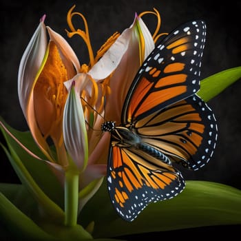 Beautiful spring illustration: Butterfly on a flower of lily. Black background.