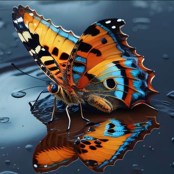 Beautiful spring illustration: Butterfly on a wet glass surface with drops of water.