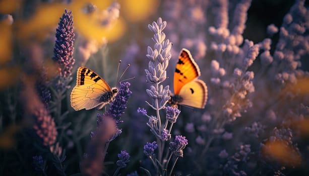 Beautiful spring illustration: Butterfly on lavender flowers in a meadow. Toned.