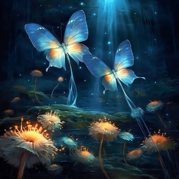 Beautiful spring illustration: Dandelion and butterflies in the night sky. Digital painting.