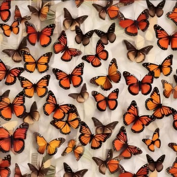 Beautiful spring illustration: Beautiful background made of red and orange butterflies on white paper.
