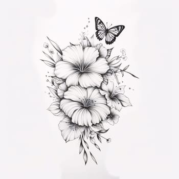 Beautiful spring illustration: Bouquet of hibiscus flowers and butterfly on white background