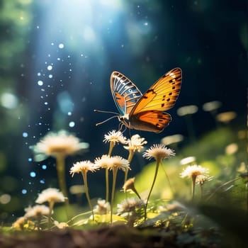 Beautiful spring illustration: butterfly on dandelion flower in the garden with sunlight