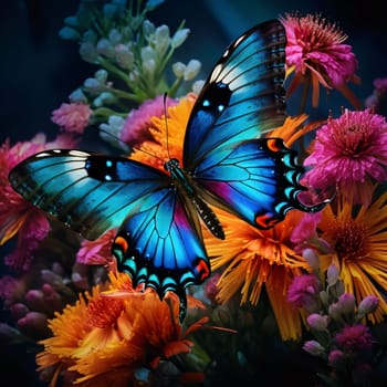 Beautiful spring illustration: Butterfly and flowers in a vase on a dark background