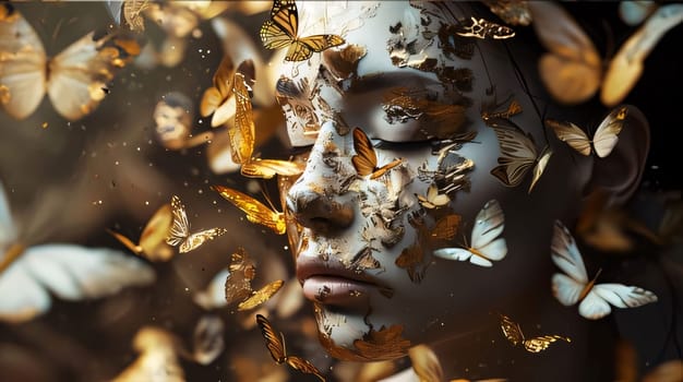 Beautiful spring illustration: Double exposure portrait of a beautiful woman surrounded by butterflies. 3d rendering