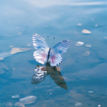 Beautiful spring illustration: Butterfly on the surface of the lake. Blue butterfly on the water.