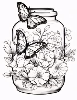 Beautiful spring illustration: Monochrome vector illustration of a jar with flowers and butterflies.