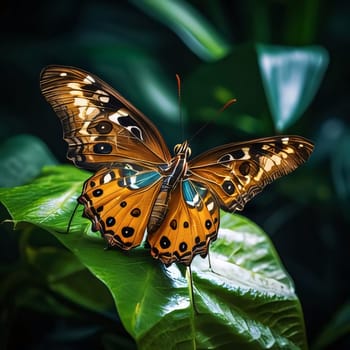 Beautiful spring illustration: Butterfly on green leaf in the garden. Nature background.