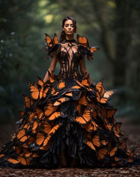 Beautiful spring illustration: Beautiful woman in black dress with butterflies on her body in the forest