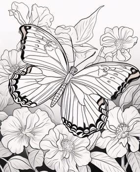 Beautiful spring illustration: butterfly and flowers on a black and white background. vector illustration