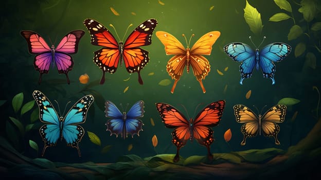 Beautiful spring illustration: Colorful butterflies on a green background.