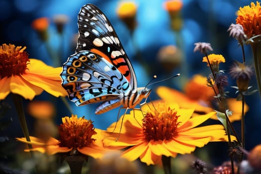 Beautiful spring illustration: Butterfly on a flower close-up. Nature background.