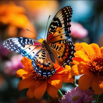 Beautiful spring illustration: Butterfly on a flower in the garden. Selective focus.