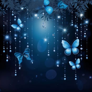 Beautiful spring illustration: Abstract blue background with butterflies and lights. Vector illustration for your design.
