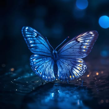 Beautiful spring illustration: Beautiful blue butterfly with bokeh lights on dark background.