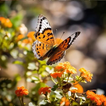 Beautiful spring illustration: Butterfly on orange flowers in the garden. (Papilio demoleus)