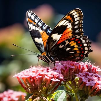 Beautiful spring illustration: Butterfly on a flower in a garden in the summer.