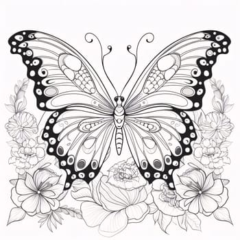 Beautiful spring illustration: Butterfly and flowers. Black and white vector illustration for coloring book