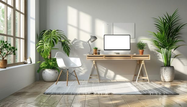 A computer monitor sits on a wooden desk in front of a brick wall by AI generated image.