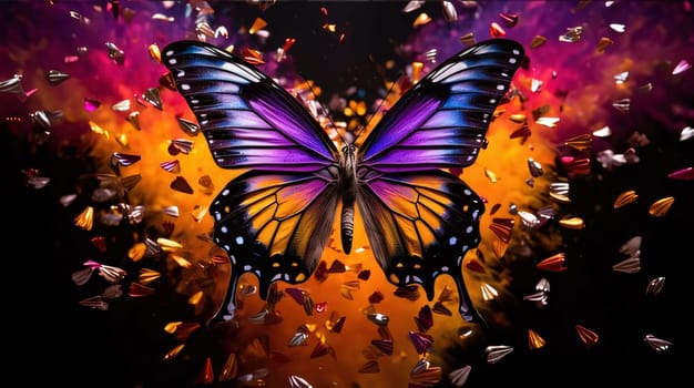 Beautiful spring illustration: Butterfly on colorful background. 3d rendering. Computer digital drawing.