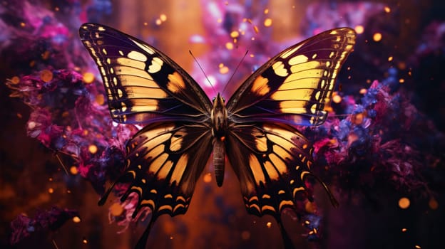 Beautiful spring illustration: Butterfly on Beautiful butterfly on a background of purple flowers. 3d rendering the background of flowers.