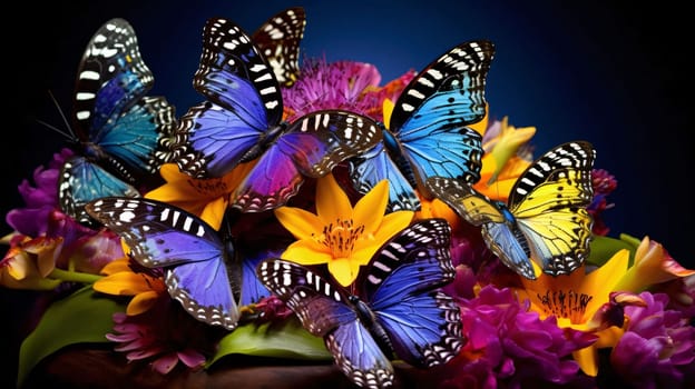 Beautiful spring illustration: Butterflies on a bouquet of flowers on a dark background