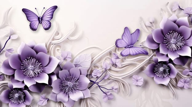 Beautiful spring illustration: 3d illustration of purple flowers and butterflies. Floral background.