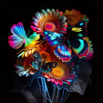 Beautiful spring illustration: Bouquet of gerbera and butterfly isolated on black background