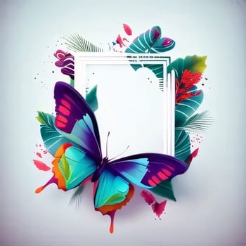 Beautiful spring illustration: Frame with butterflies and tropical leaves on white background. Vector illustration.