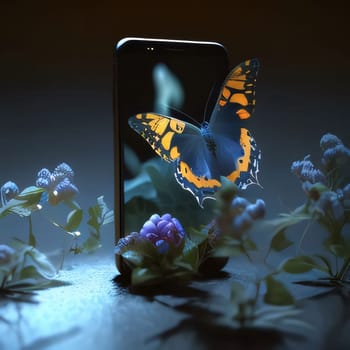 Beautiful spring illustration: Smartphone with butterfly and flowers on dark background. 3d render