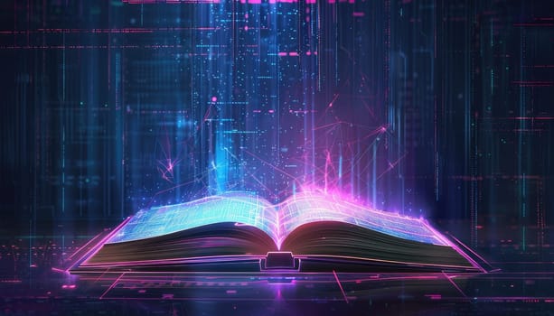 A book is opened on a table with a blue light shining on it by AI generated image.