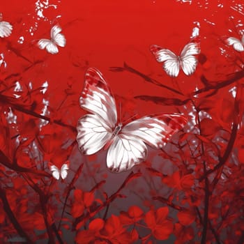 Beautiful spring illustration: Butterflies on the background of a red wall. Vector illustration